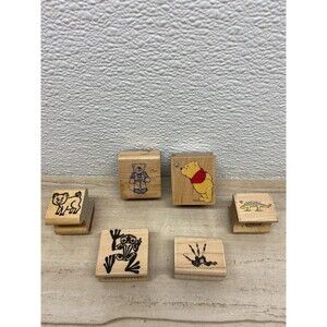 Set Of 6 Mixed Brands Wood Mounted Rubber Stamps